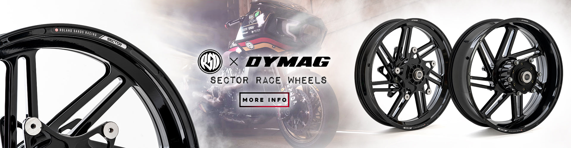 banner of rsd x dymag sector race whees. studio shot showcasing front and rear wheel with a detail image of rim and a bagger race bike in the background. smoke texture around image