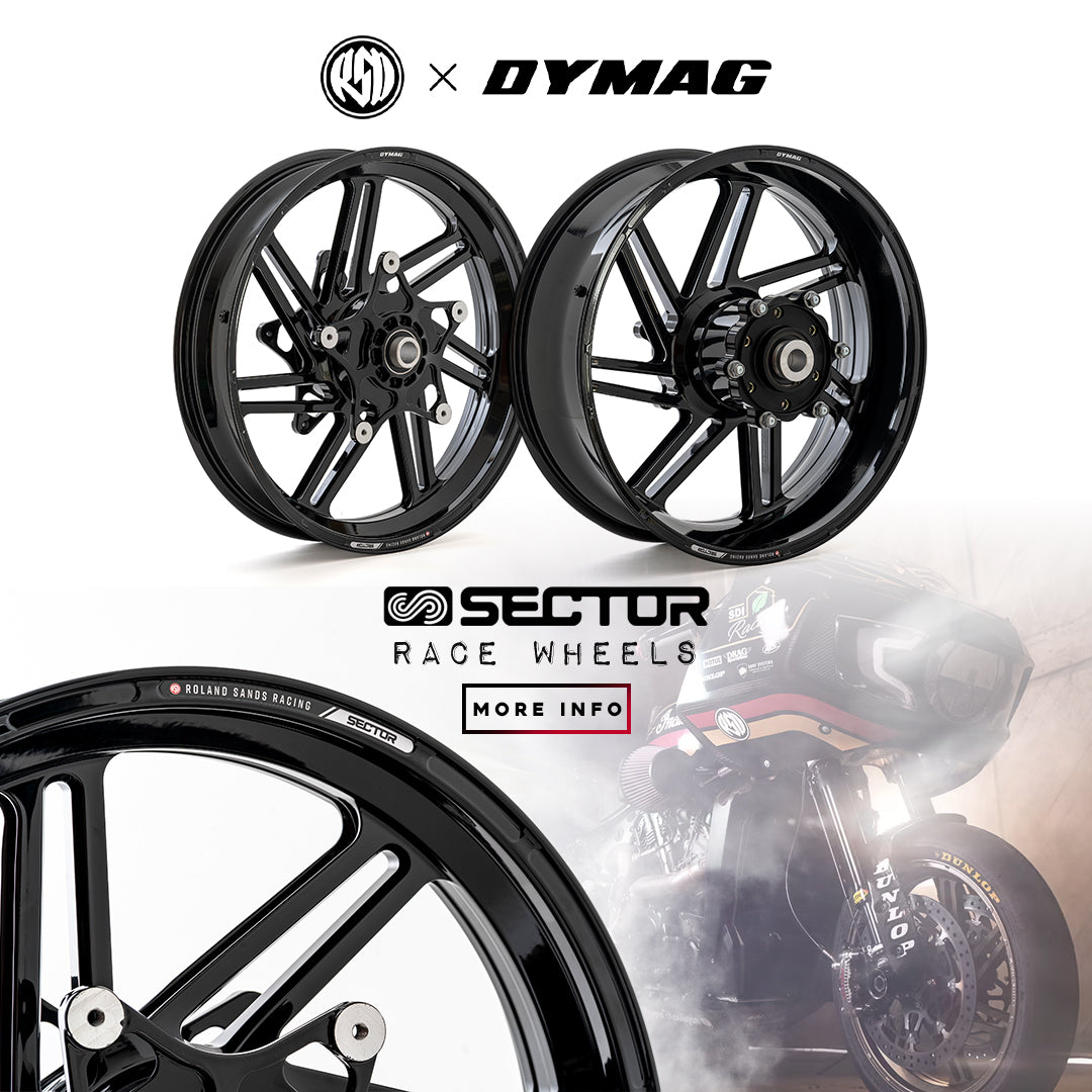 mobile banner of rsd x dymag sector race whees. studio shot showcasing front and rear wheel with a detail image of rim and a bagger race bike in the background. smoke texture around image
