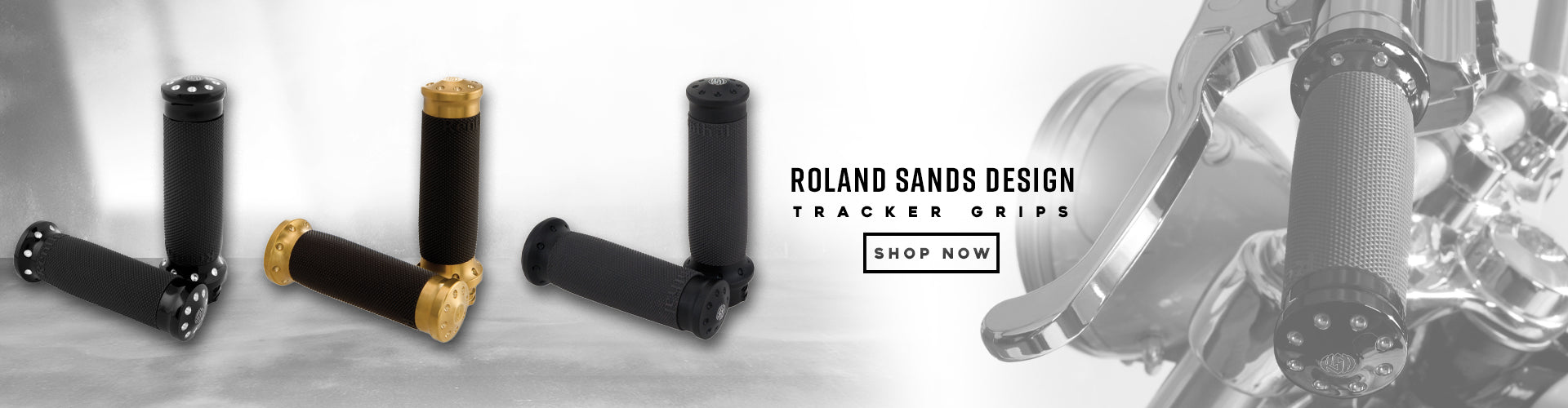 graphic banner of rsd tracker grips. 3 sets of grips in different colorways. a contrast cut finish, bronze and black ops. on the right there is an onbike photo of the brips