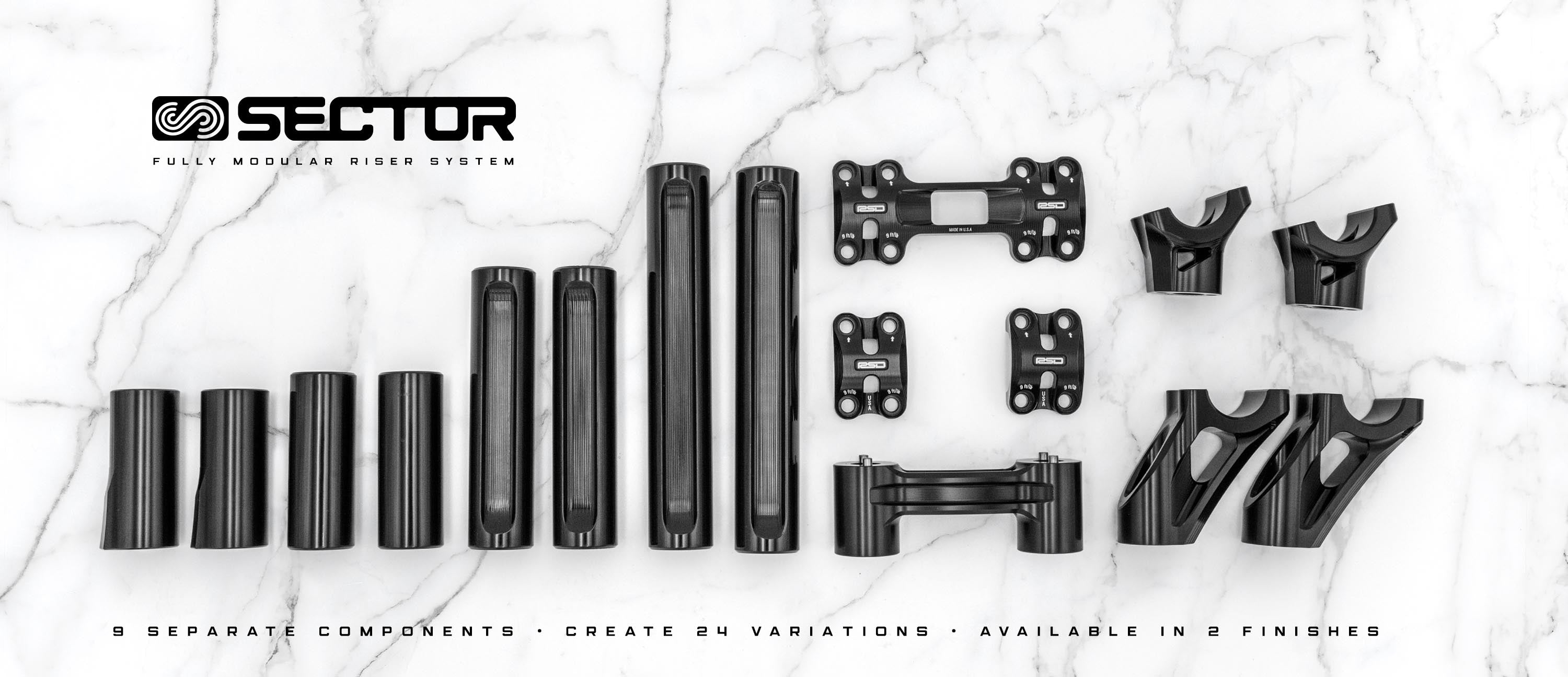 showcasing all the components that make up the fully modular sector riser system. 8 separate components, 24 variations and available in 2 finishes