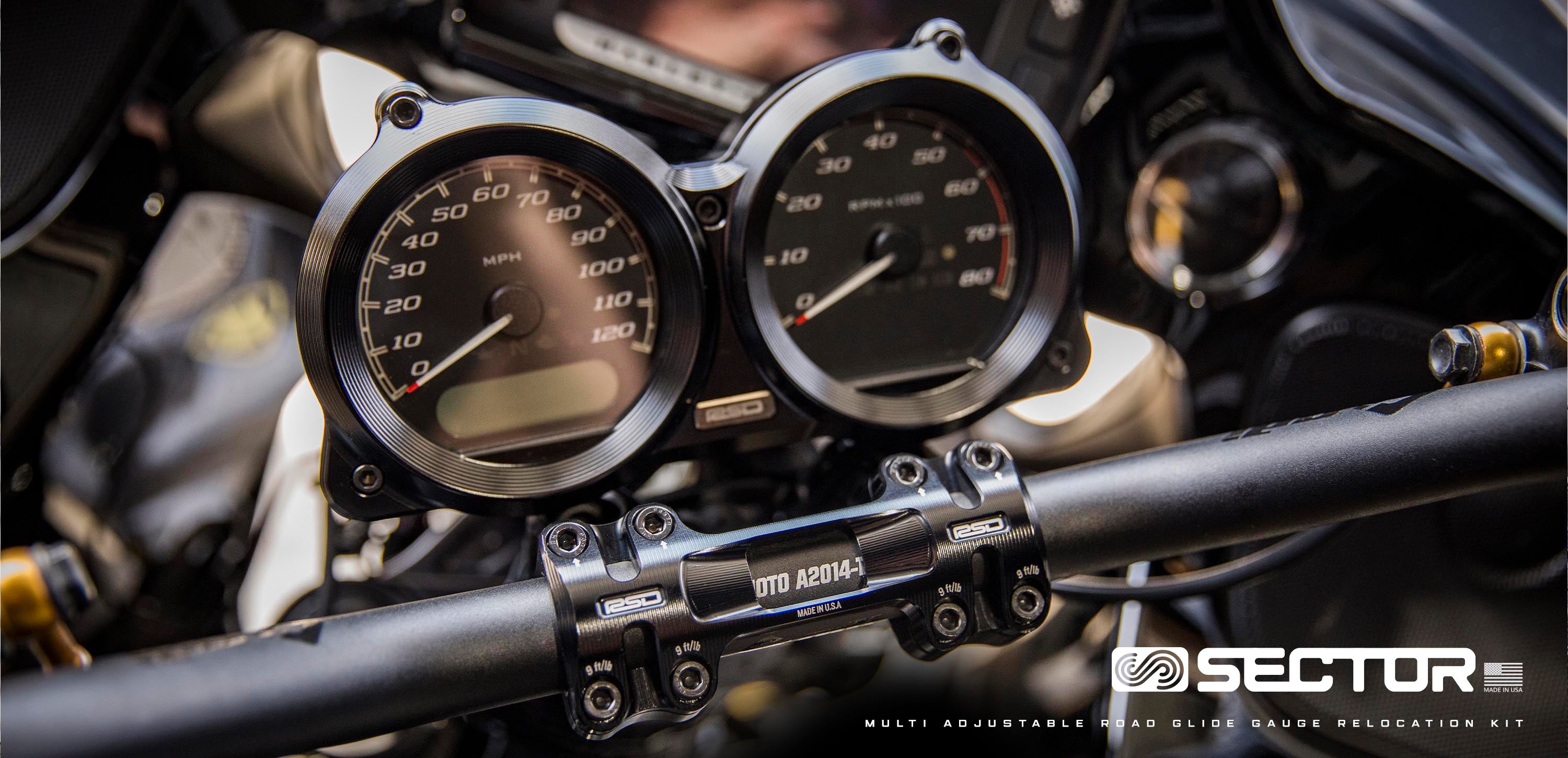 on bike cockpit view of the multi adjustable Road Glide Gauge Relocation Sector Kit by RSD