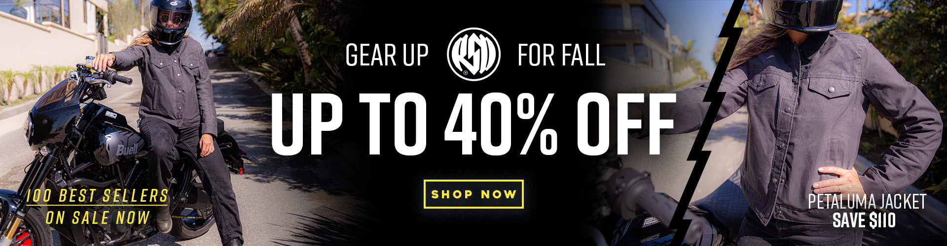 Gear Up for Fall Sale featuring woman on a motorcycle wearing a RSD Petaluma jacket