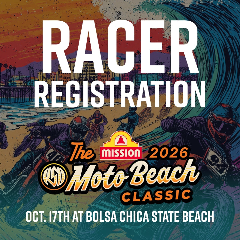Promotional graphic for 'The Mission 2026 Moto Beach Classic' racer registration, featuring a stylized beach wave illustration with motorcyclists and large white text reading 'RACER REGISTRATION' and event details.