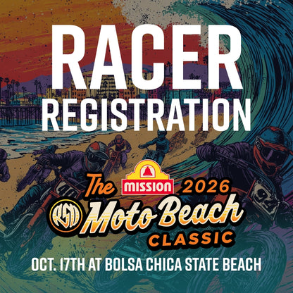 Promotional graphic for 'The Mission 2026 Moto Beach Classic' racer registration, featuring a stylized beach wave illustration with motorcyclists and large white text reading 'RACER REGISTRATION' and event details.