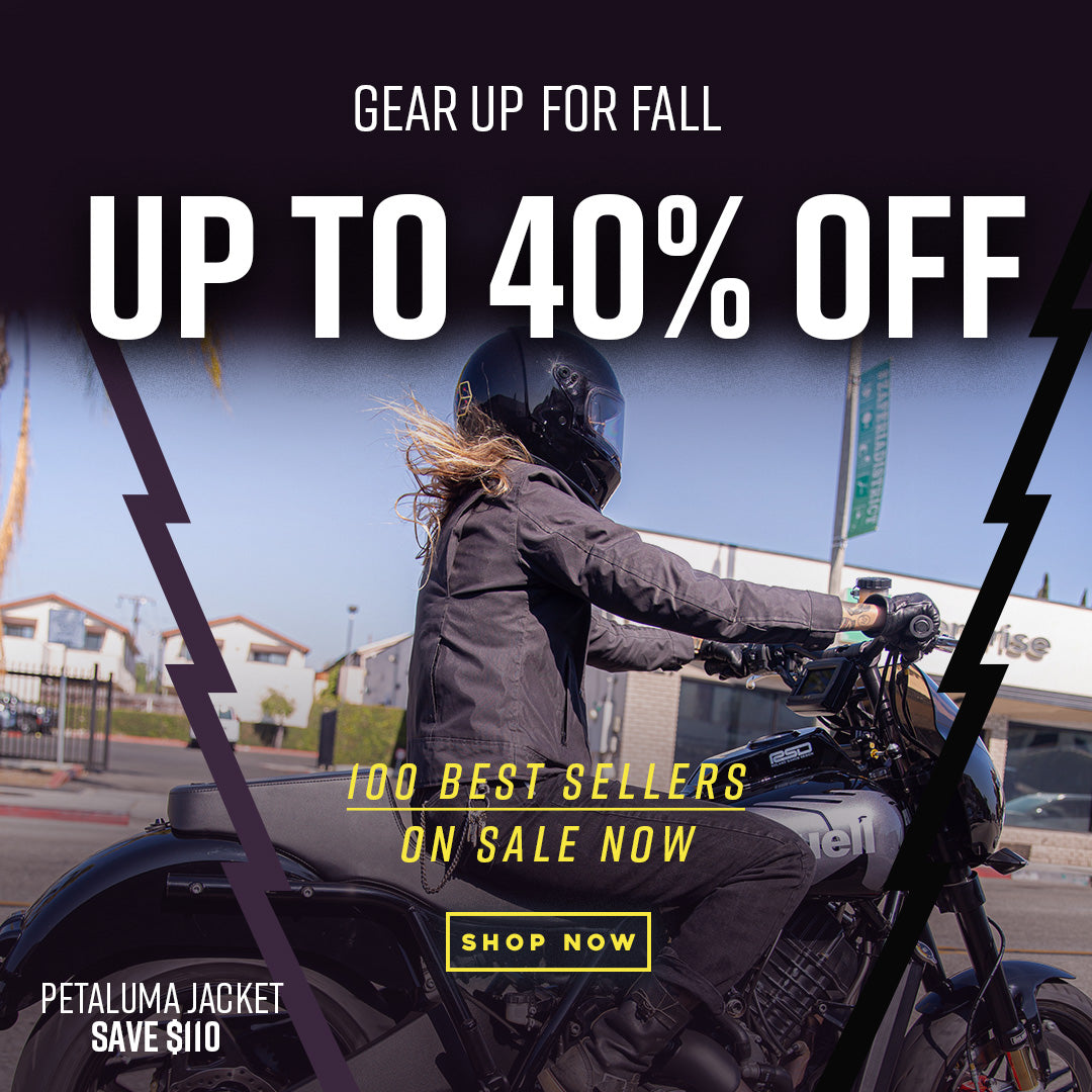 Gear Up for Fall Sale featuring woman on a motorcycle wearing a RSD Petaluma jacket