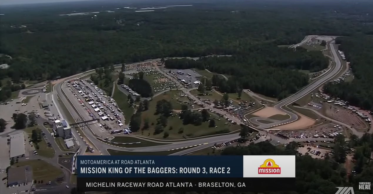 Drone shot overlooking road atlanta race track for Mission King of the baggers Round 3, Race 2