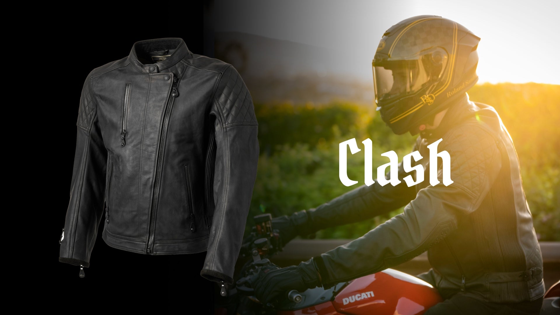 Black leather jacket and helmet with 'Clash' branding, person on motorcycle in background