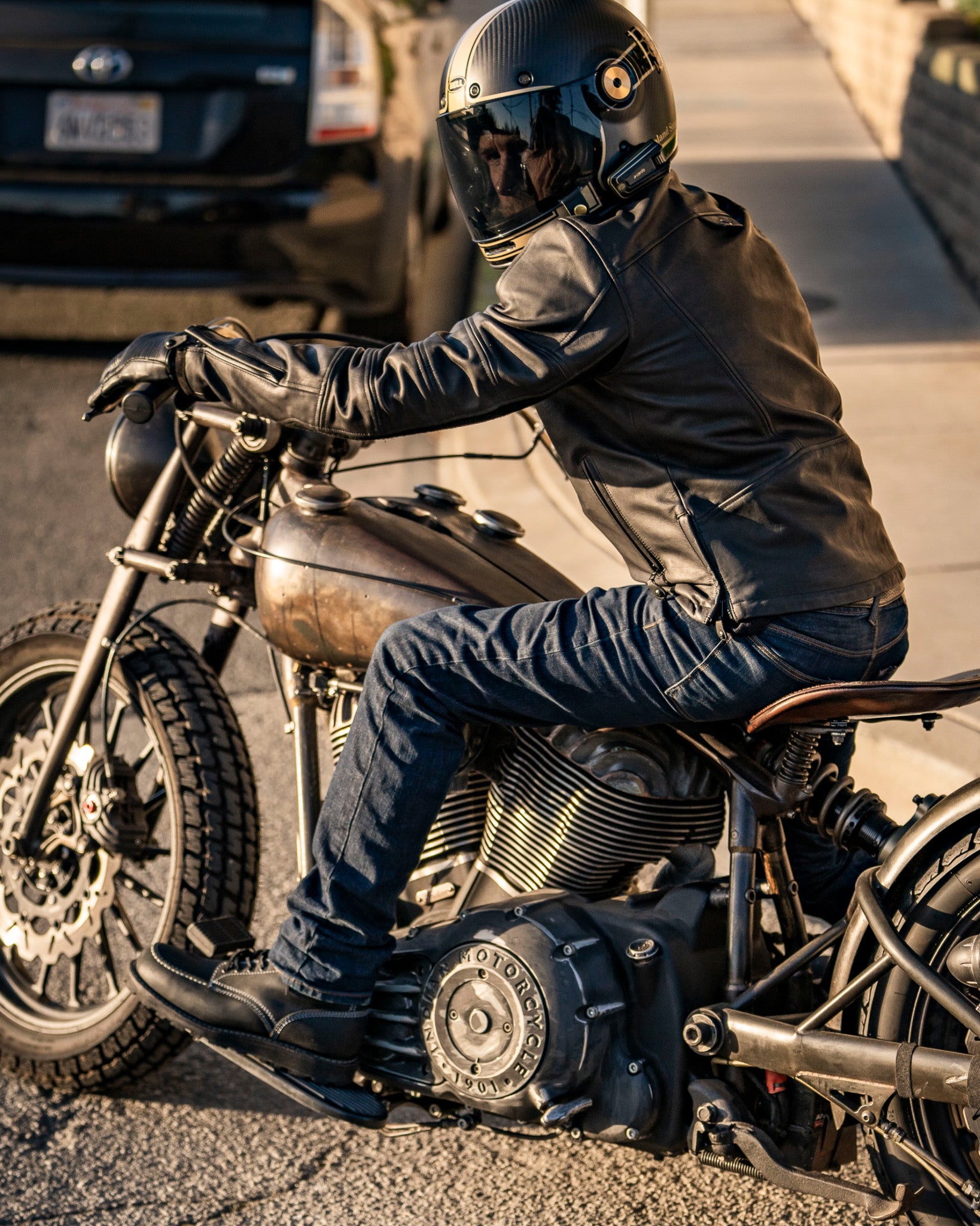 ronin waterproof jacket on biker