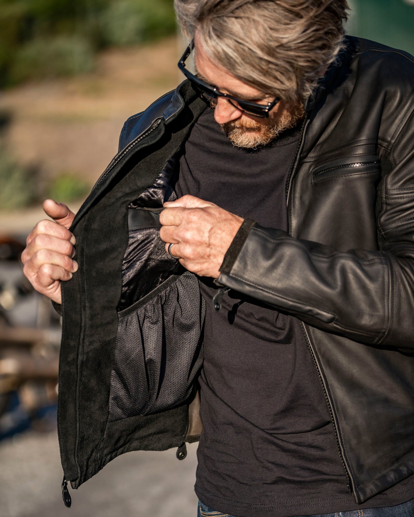 ronin waterproof jacket on biker